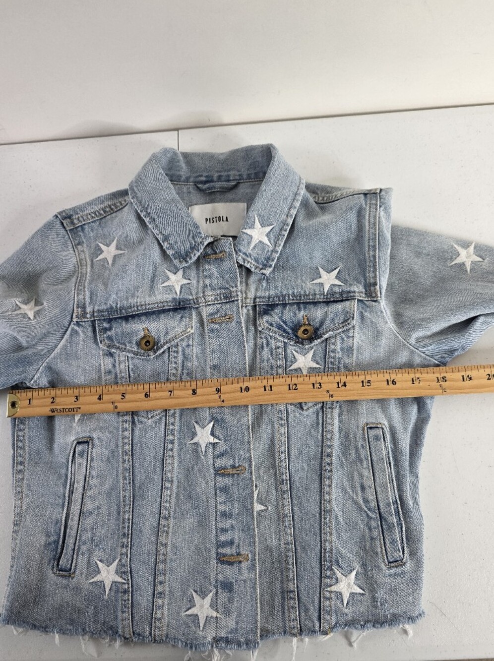 Pistola Brando Star Embroidered Jean Jacket Size M Light Wash Denim Raw Hem - Picture 6 of 12